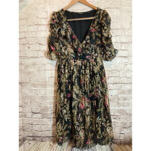 Antheaa Dress Womens Large ? Black Floral Ruffle Midi Pleated Puff Sleeve Goth
